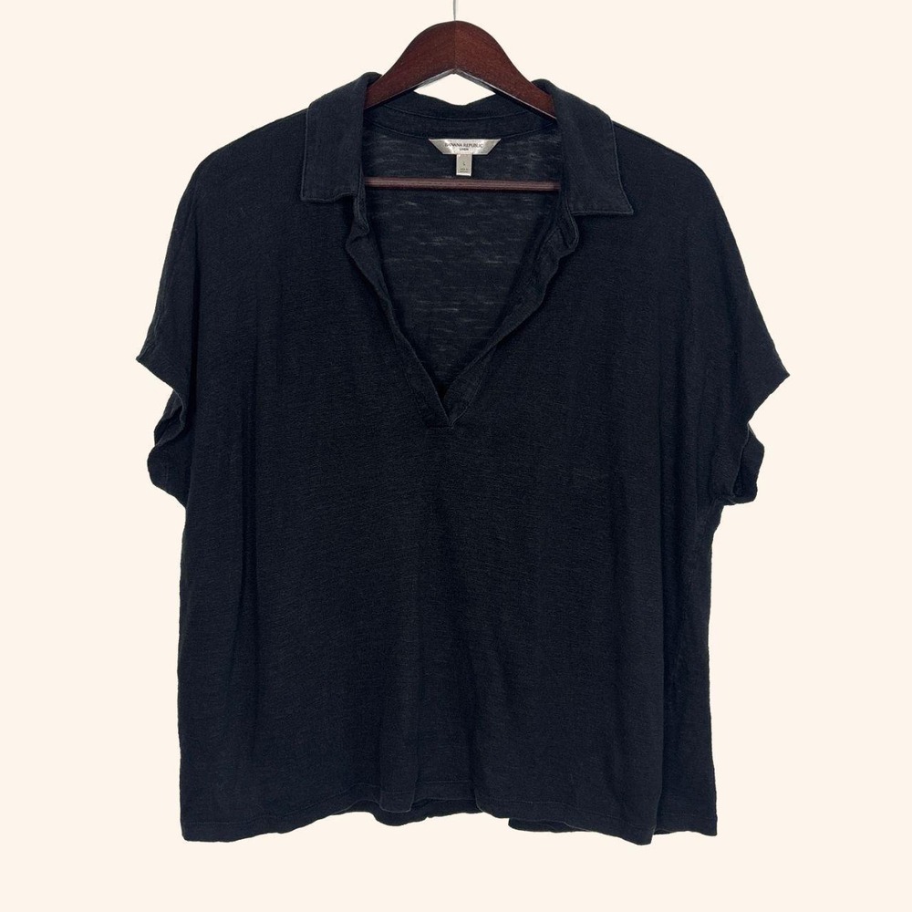 Banana Republic Black Linen Short Sleeve Polo Top